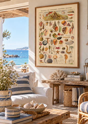 Tableau encadré du puzzle Mollusques et coquillages suspendu dans un salon bord de mer lumineux avec vue sur l'océan.