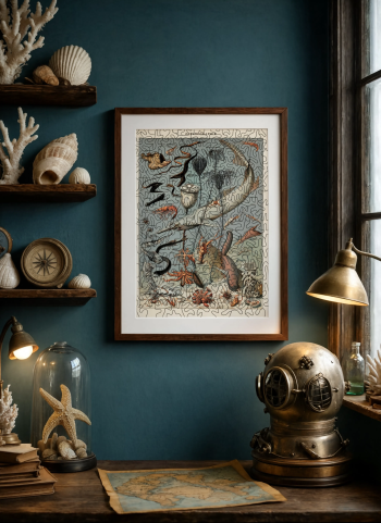 Mise en situation élégante d'un puzzle en bois naturaliste d'océanographie, encadré sur un mur bleu canard dans un cabinet de curiosités marin avec coquillages, casque de scaphandre et planisphère ancien.
