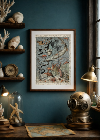Mise en situation élégante d'un puzzle en bois naturaliste d'océanographie, encadré sur un mur bleu canard dans un cabinet de curiosités marin avec coquillages, casque de scaphandre et planisphère ancien.