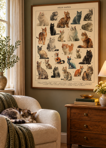 Tableau encadré du puzzle Felis Catus accroché au-dessus d'une commode dans un coin lecture douillet.