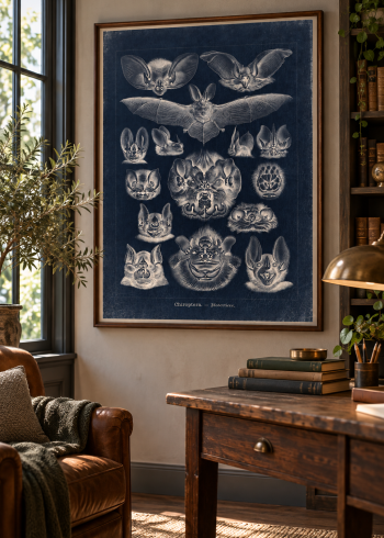 Tableau encadré du puzzle Chauves-souris (Chiroptera) accroché au-dessus d'un bureau rustique dans un coin lecture raffiné.