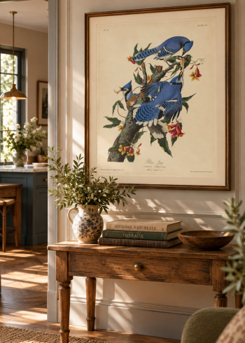 Tableau encadré du puzzle Les Geais bleus accroché au-dessus d'une console en bois massif dans un espace de passage élégant.