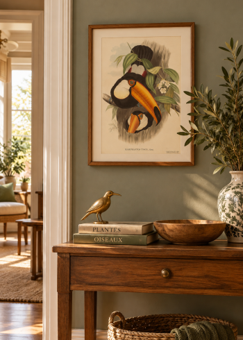 ableau encadré du puzzle Le Toucan Toco accroché au-dessus d'une console en bois dans une entrée élégante.