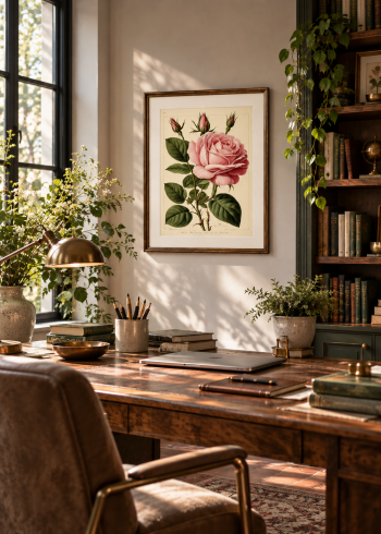 Tableau encadré de la rose rose accroché au-dessus d'un bureau en bois massif dans un intérieur chic et lumineux.