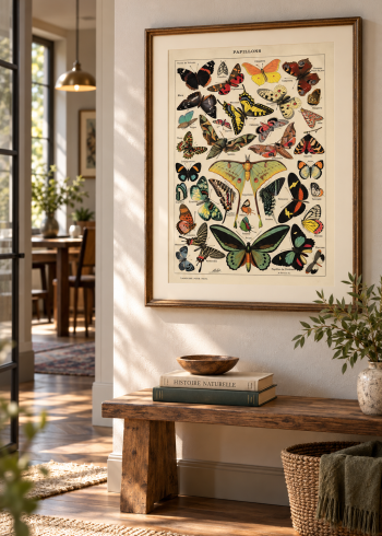 Tableau encadré du puzzle Papillons suspendu au-dessus d'un banc en bois dans un hall d'entrée lumineux.