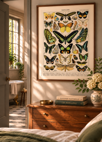 Tableau encadré du puzzle Papillons exotiques accroché au-dessus d'une commode en bois dans une chambre raffinée.