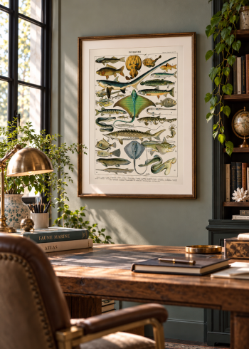 Tableau encadré du puzzle Poissons suspendu au-dessus d'un bureau en bois vintage.