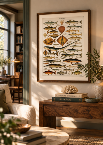 Tableau encadré de la planche Poissons accroché au-dessus d'une console en bois dans un salon chic.
