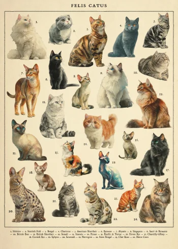 Puzzle en bois représentant une planche zoologique ancienne dédiée aux chats, avec des détails raffinés et des teintes sépia.